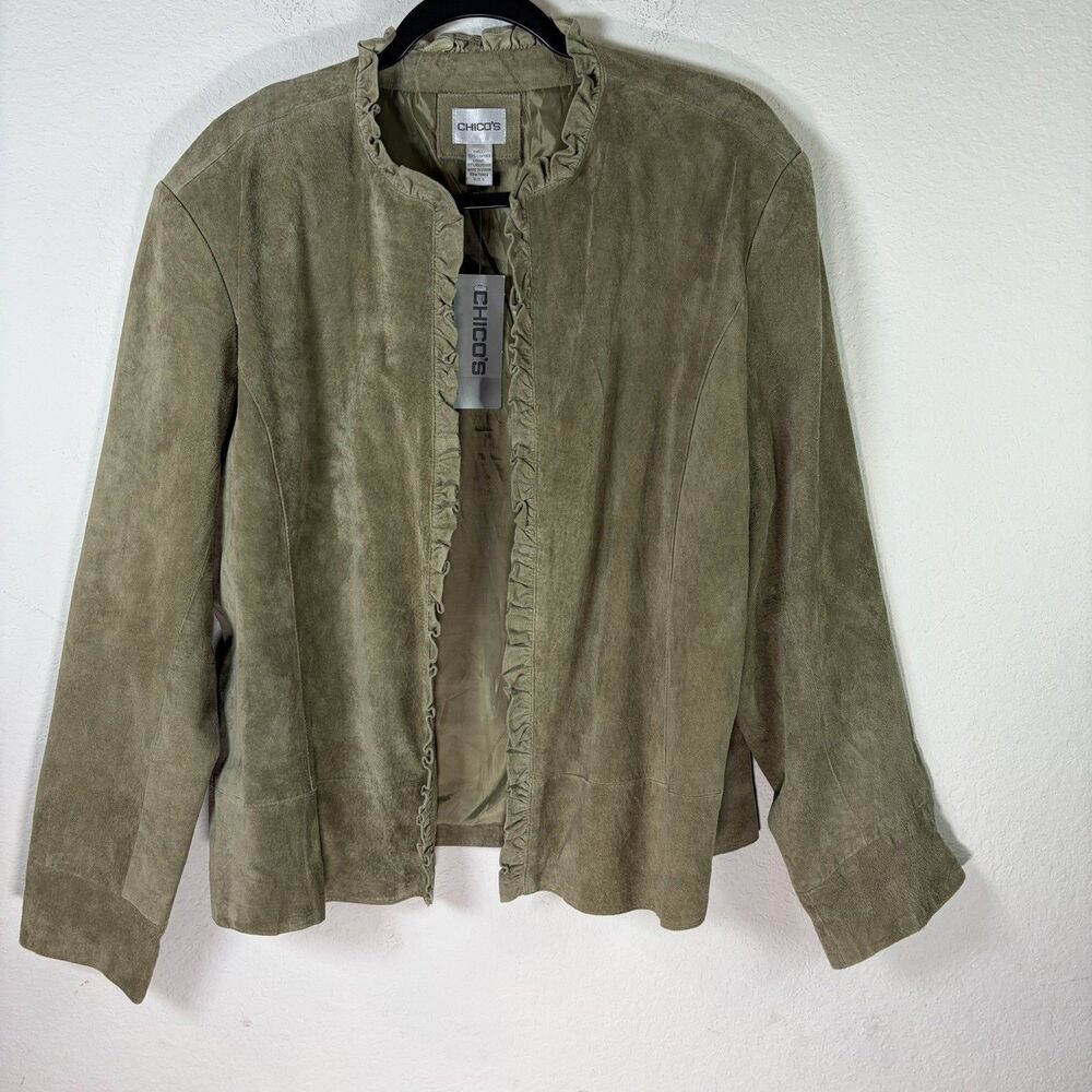 NEW Chico’s Genuine Suede Leather Jacket Size 3 Olive Green Open Ruffle Trim NWT